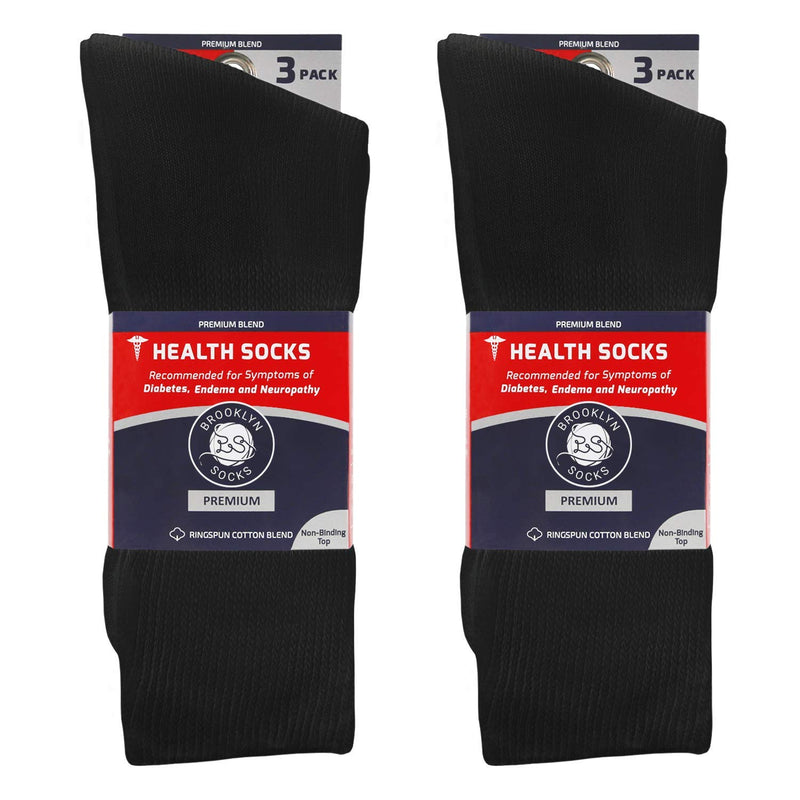[Australia] - 6 Pairs of Premium Cotton Loose Top Diabetic Neuropathy Crew Socks (10-13, Black) Black - 6 Pairs Medium: US Men 9-11.5/Women 11-13 