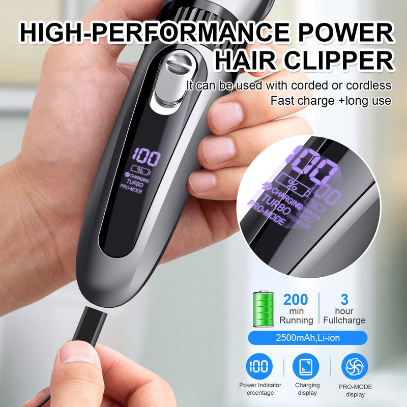 [Australia] - Cordless Hair Clippers for Men, Professional Hair Trimmer, Powerful Hair Grooming Cutting kit, Rechargeable Waterproof Electric Mens Haircut Clipper for Barbers & Home Use with LED Display grey 