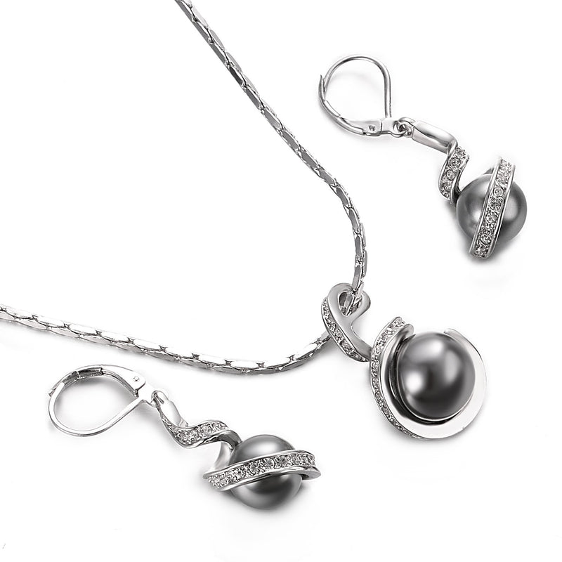 [Australia] - Yoursfs Grey Pearl Jewelry Set For Women 18k White Gold Plated Leverback Earrings & Pendant Drop Earrings and Necklace Set 