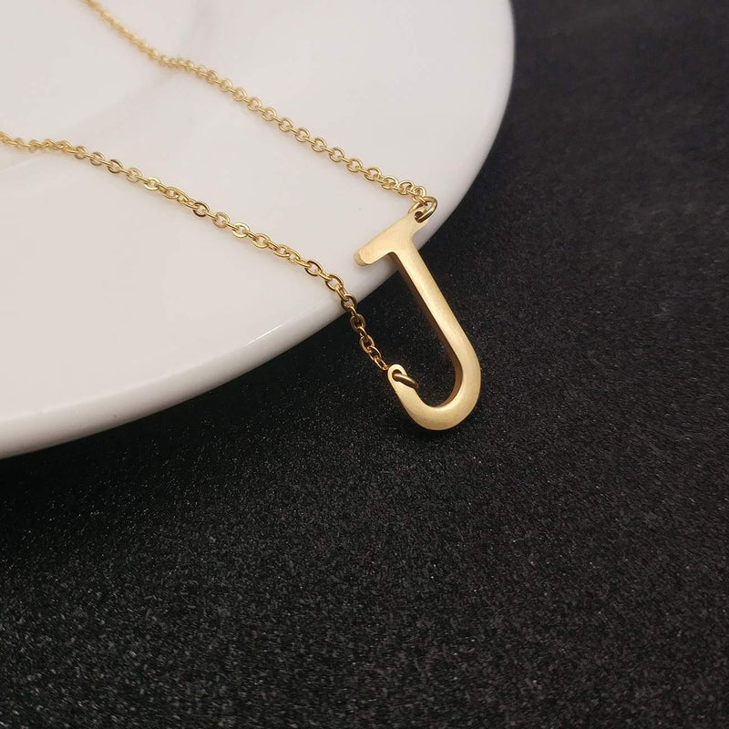 [Australia] - Ovian Sideways Initial Necklace for Women 18K Gold Plated Stainless Steel Small Letter Pendant Necklace Dainty Personalized Monogram Name Necklace for Girls J 