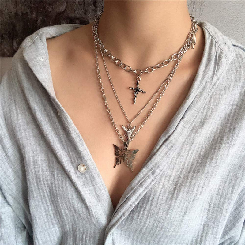 [Australia] - DXZNBEST Lock Key Pendant Chains Necklace Angel Layered Choker Emo Aesthetic Chunky Chains Jewelry for Eboy Egirl Women Men Butterfly+heart chain 