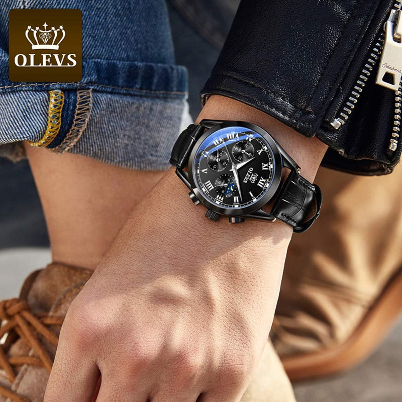 [Australia] - OLEVS Mens Watches Leather Chronograph Gents Watch Moon Phase Calendar Waterproof Luminous Analog Quartz Multifunction Fashion Business Dress Watches for Men Black Leather & Black Face 