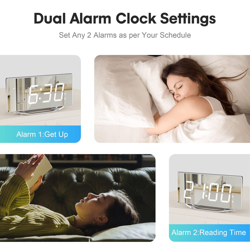 [Australia] - Digital Clock for Living Room, Loud Alarm Clock for Heavy Sleepers Adult, 8.7" Large Display LED Mirror Clock with 7-Level Dimmer,Snooze Mode,Dual USB Ports, Modern Desk Clock for Bedroom Home Office Silver-white Digits 