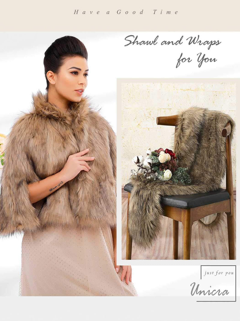 [Australia] - Unicra Women's Brown Sleeveless Faux Fur Shawl Wedding Fur Wraps and Shawls Bridal Fur Stole for Brides and Bridesmaids 