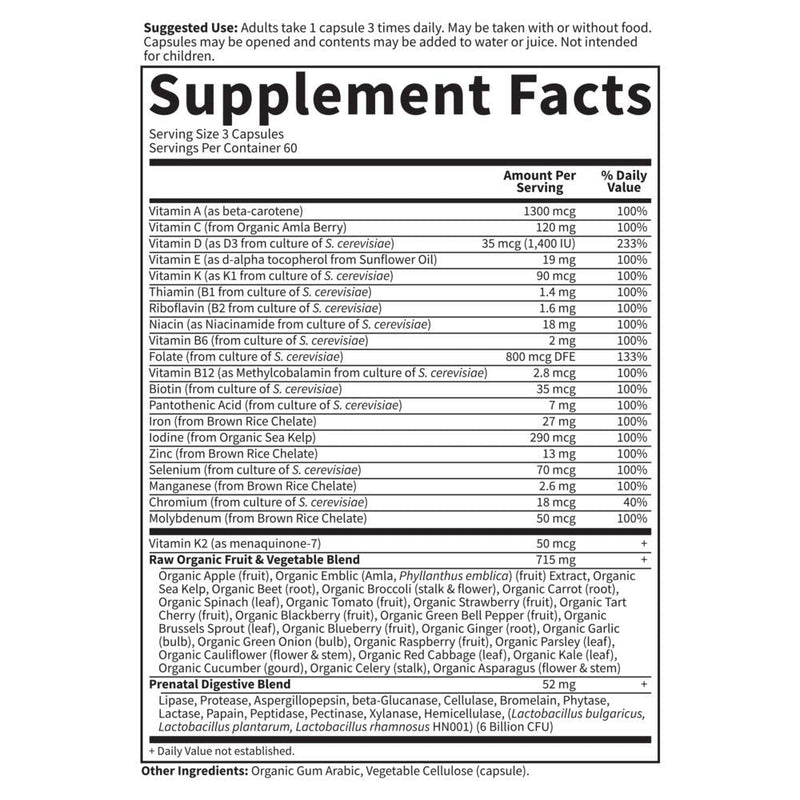[Australia] - Prenatal Multivitamin for Women from Whole Foods with Biotin, Iron & Folate not Folic Acid, Probiotics for Immune Support - Vitamin Code Raw by Garden of Life - Pregnancy Must Haves - 180 Capsules 180 Count (Pack of 1) 