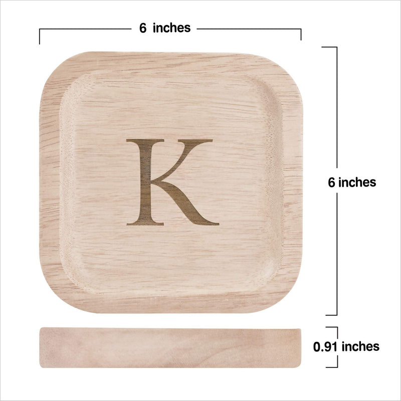 [Australia] - Solid Wood Personalized Initial Letter Jewelry Display Tray Decorative Trinket Dish Gifts For Rings Earrings Necklaces Bracelet Watch Holder (6"x6" Sq Natural "K") ุ6"x6" Sq Natural "K" 