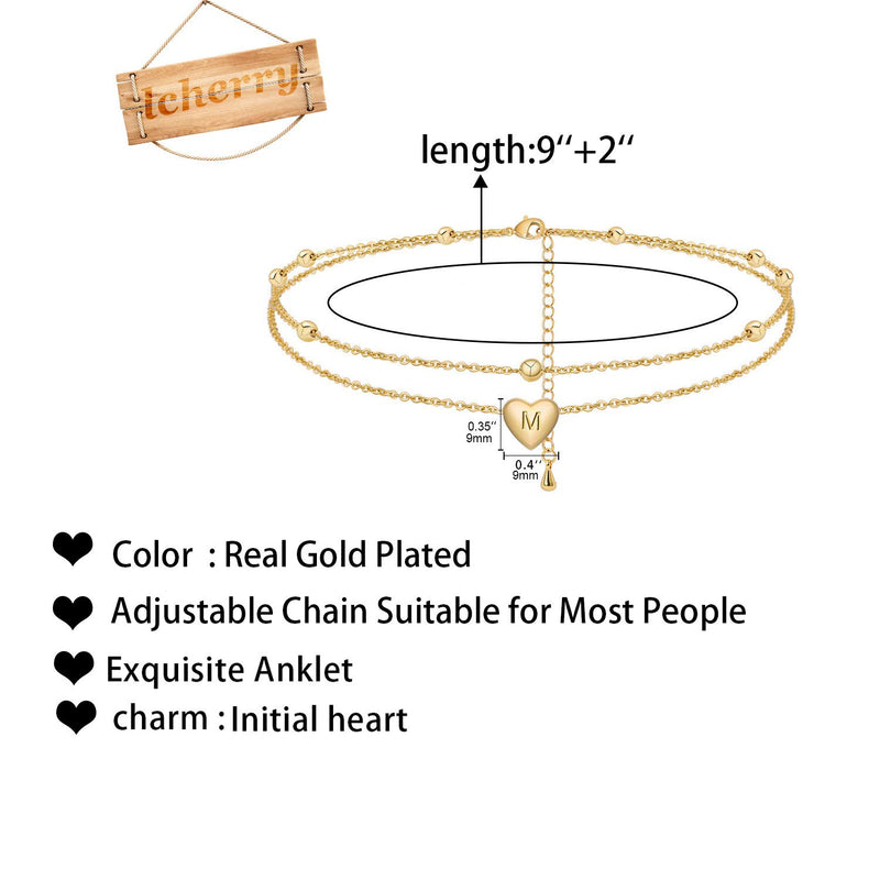 [Australia] - Initial Heart Anklet Bracelet Layered Heart Letter A to Z Bead Chain Anklet for Women 14K Real Gold Plated Beach Jewelry M 