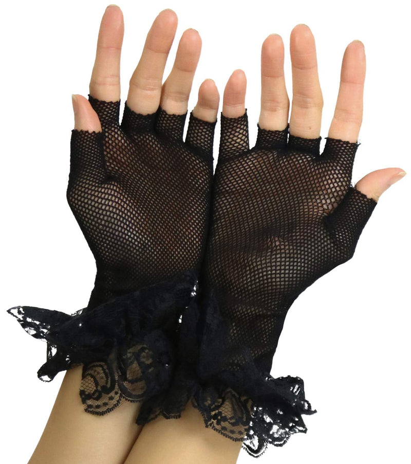 [Australia] - ToBeInStyle Women’s Whimsical Lace Ruffle Wrist Trim Fishnet Fingerless Gloves One Size Regular Black 