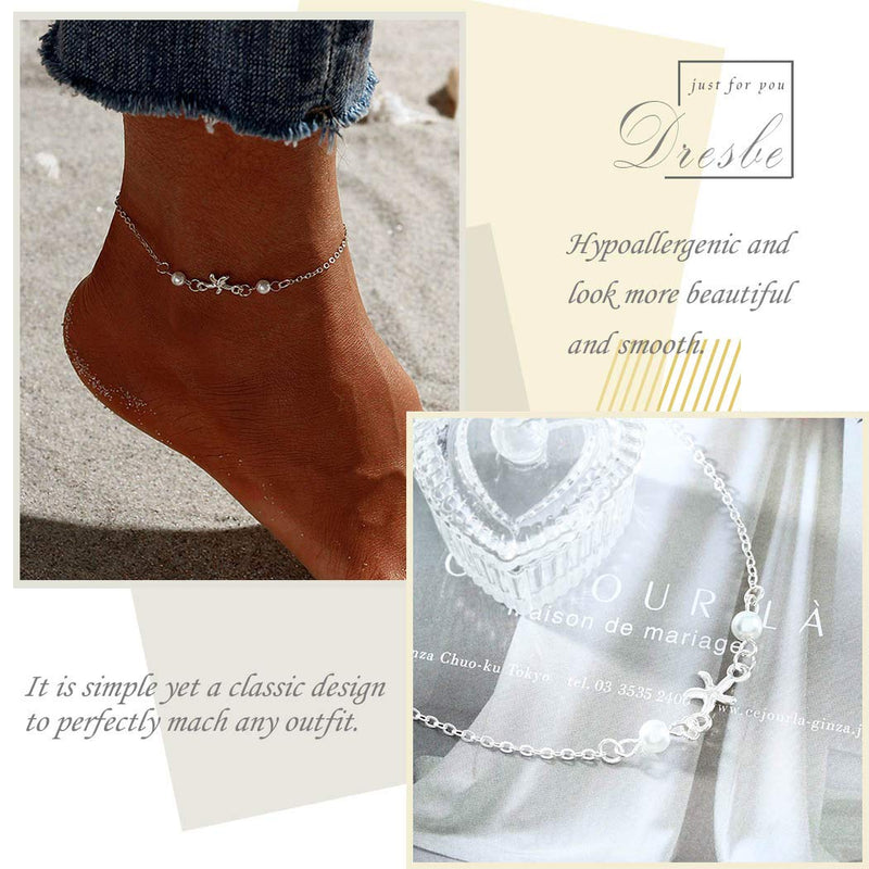 [Australia] - Dresbe Boho Anklet Silver Pearl Anklets Beach Starfish Ankle Bracelet Dainty Foot Jewelry Chain for Women and Girls 