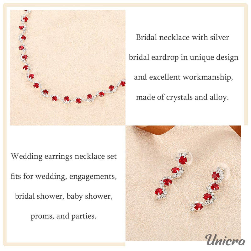 [Australia] - Unicra Bride Silver Necklace Earrings Set Crystal Bridal Wedding Jewelry Set Rhinestone Choker Necklace for Women and Girls (Red) Red 