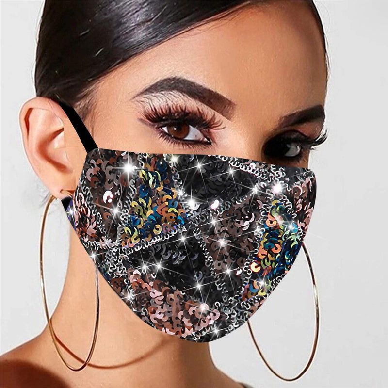 [Australia] - Sparkly Sequin Face Cover Glitter Cotton Sequins Masc Masquerade Face Covering Black 