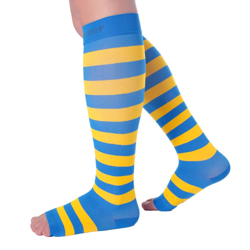 [Australia] - Doc Miller Open Toe Compression Socks for Women and Men 15-20mmHg, Shin Splints, Varicose Veins and Calf Injury Recovery Blue-yellow Small 
