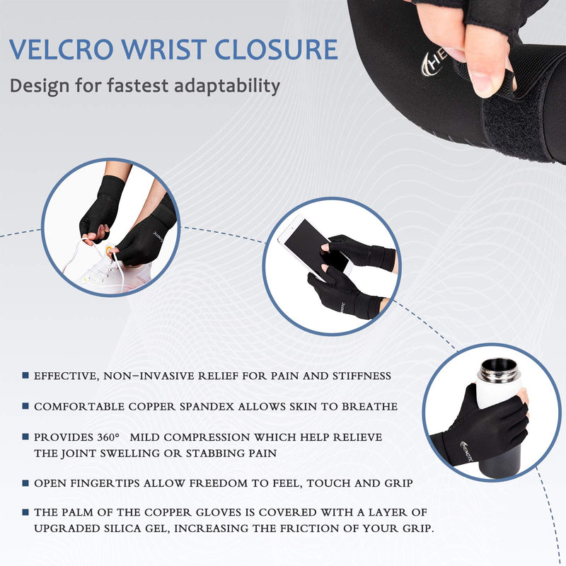 [Australia] - HENOTIC Copper Compression Gloves for Women Men, Wrist Reinforcement Fingerless Arthritis Compression Gloves for Relieving Carpal Tunnel Aches, Rheumatoid Pains, Joint Swell One Pair Large/X-Large: 3 3/4"-4 1/2" 