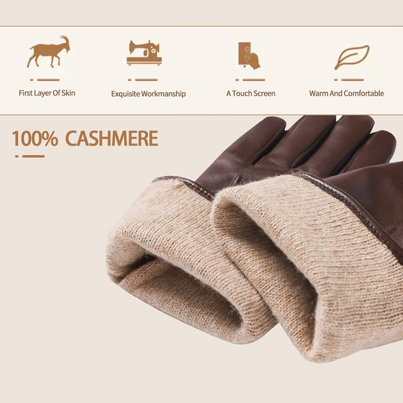 [Australia] - Women's Winter Genuine Leather Texting Touchscreen Gloves - Acdyion Cashmere Lining Gloves Outdoor Driving Soft Warm Mittens Leather Gifts Pack for Cold Weather Brown L 