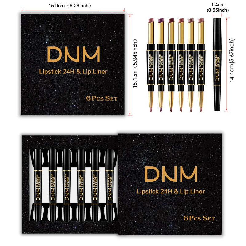 [Australia] - 6Pcs Lip Liner and Lipstick Set, DNM Double Color Head Matte Lipstick 24H & Lip Liner 2 in 1 Kit,Waterproof Long Lasting Dark Red Matte Mat Lipstick Gift Set with Matching Lipliner Pens 