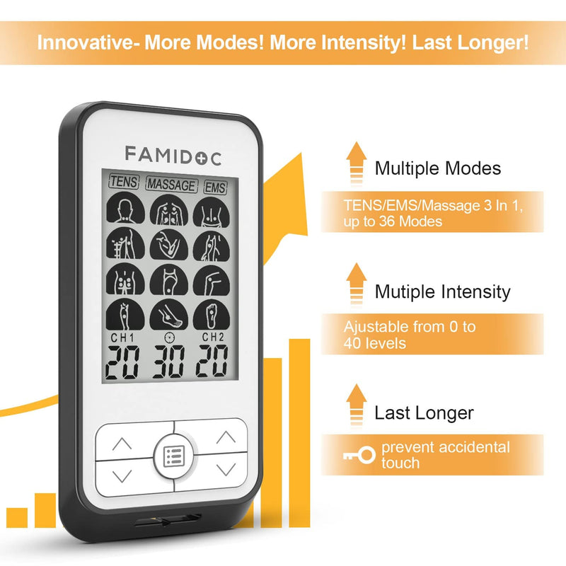 [Australia] - Famidoc TENS/EMS/Massage Units Muscle Stimulator for Pain Relief Therapy with 2 Channels 36 Modes 40 Level Intensity Electronic Pulse Massager Tissue Pain Management for Shoulder Back Neck Arms Legs Fdes116 