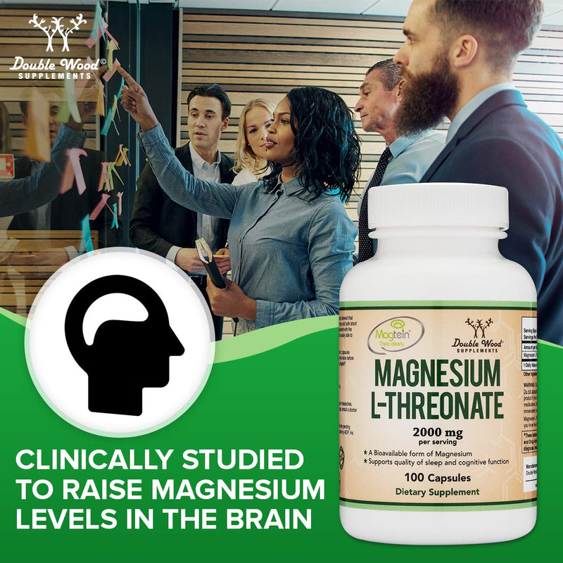 [Australia] - Double Wood Magnesium L Threonate Supplement | 100 High Strength Magnesium L Threonate Capsules - 2000mg Bioavailable Form Magnesium per Serving | Non-GMO & Gluten Free 