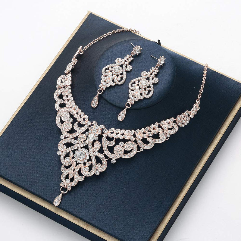 [Australia] - HapiBuy Crystal Wedding Jewelry Set Necklace Earring Set for Women and Brides Rose Gold and Silver Bridal Statement Jewelry Sets 