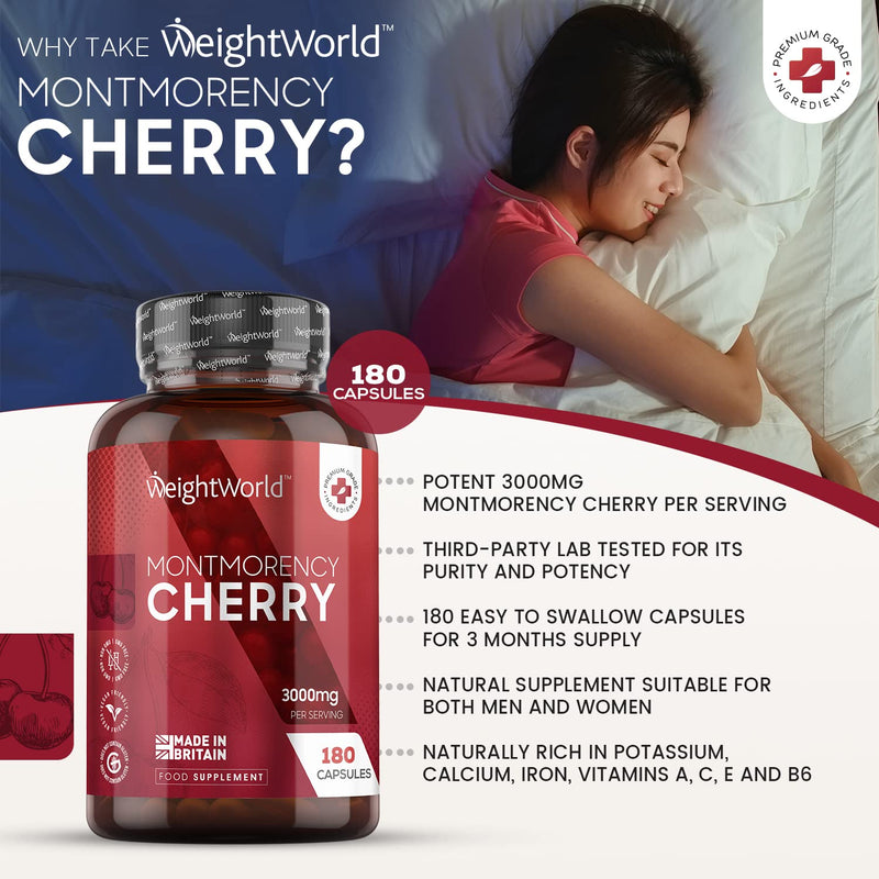[Australia] - Montmorency Cherry Capsules 3000mg - 180 Tart Cherry Capsules (3 Months Supply) - Vegan & Natural Tart Cherry Extract Supplement for Men & Women - Gluten Free & Non-GMO - Made in The UK 