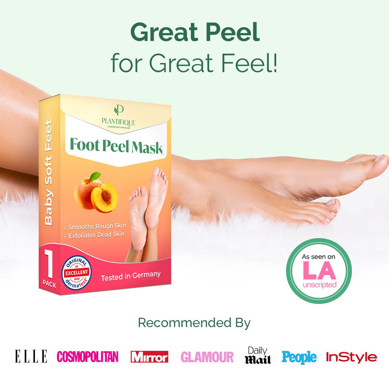 [Australia] - Foot Peel Mask with Peach by Plantifique - 1 Pack Foot Mask Dermatologically Tested - Repair Heels & Removes Dry Dead Skin for Soft Baby Feet - Exfoliating Foot Peel Mask for Hard Skin - Peeling 