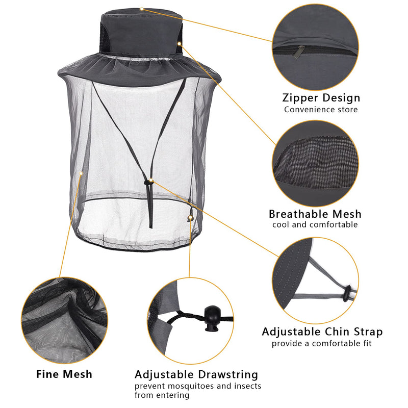 [Australia] - Mosquito Head Net Hat Midge Hat with Removable Net Wide Brim Sun Protection Hat for Fishing Hiking Gardening Camping, Grey 
