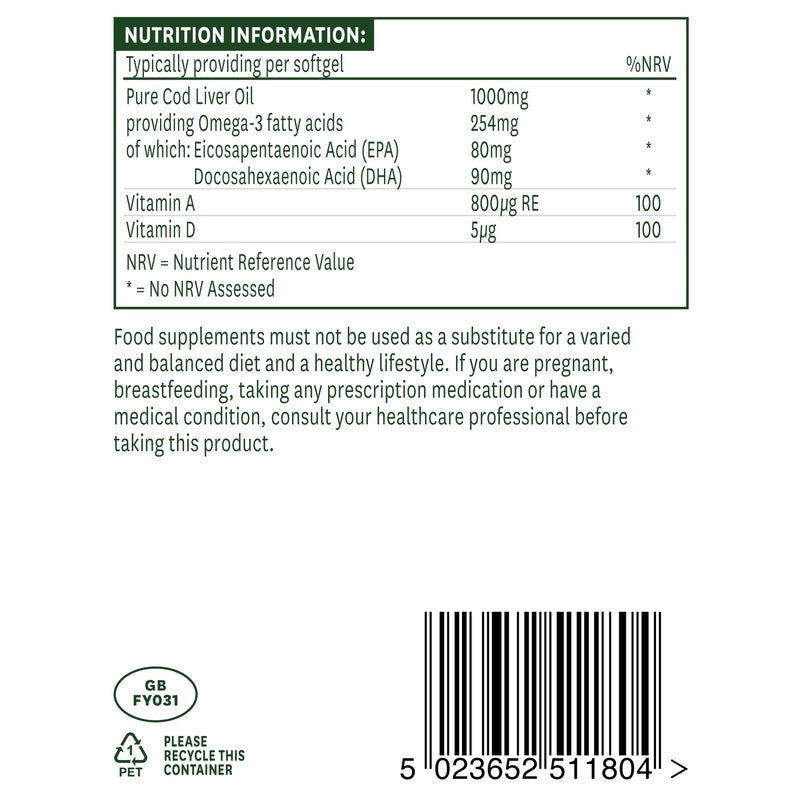 [Australia] - Natures Aid Cod Liver Oil, 1000 mg, 180 Softgel Capsules (High Strength, 254 mg Omega-3 with Vitamins A and D for Normal Function of the Immune System, Made in the UK) 