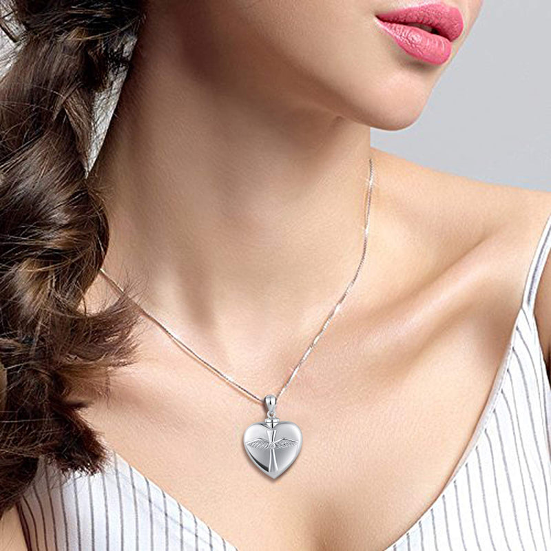 [Australia] - BEILIN 925 Sterling Silver Angel Wings Cross Urn Pendant Necklace Keepsake Memorial Heart Cremation Jewelry for Ashes: God has You in his arms I Have You in My Heart 