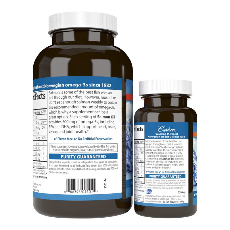 [Australia] - Carlson - Norwegian Salmon Oil, 500 mg Omega-3s, Norwegian Salmon Oil Supplement, Wild Caught Omega 3 Salmon Oil Capsules, Sustainably Sourced, Brain, Heart & Joint Health, 180+50 Softgels 230 Count (Pack of 1) 