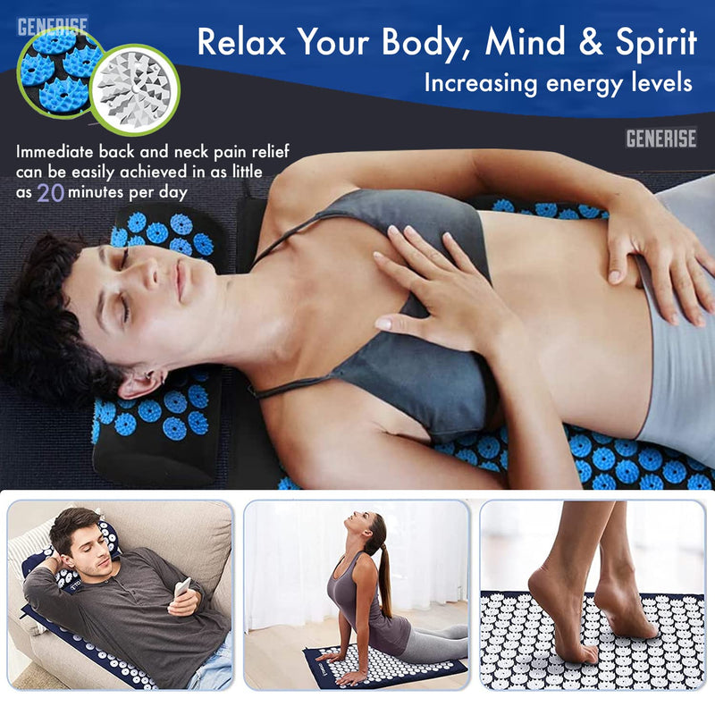 [Australia] - Acupressure Mat Generise Accupressure Body Mat and Pillow Set for Men & Women - Back, Neck and Muscle Pain Relief - Includes Travel Bag with Adjustable Strap (Black with Blue Spikes) Black With Blue Spikes 