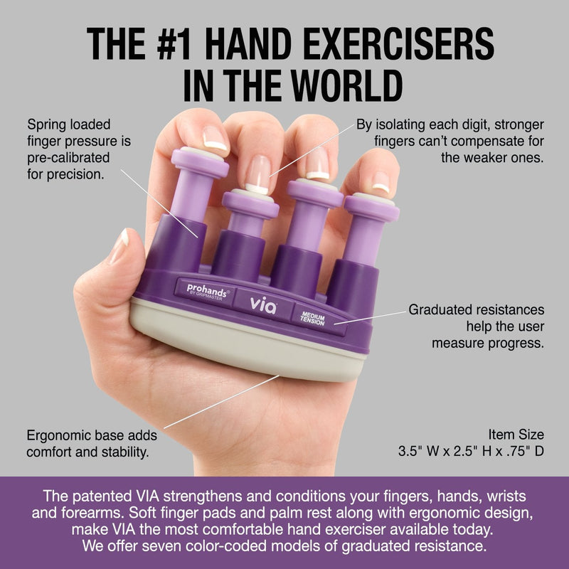 [Australia] - PROHANDS VIA Hand Exerciser, Finger Exerciser (Hand Grip Strengthener), Spring-Loaded, Finger-Piston System, Isolate and Exercise Each Finger 6 lb (Medium Tension) Purple - Via 