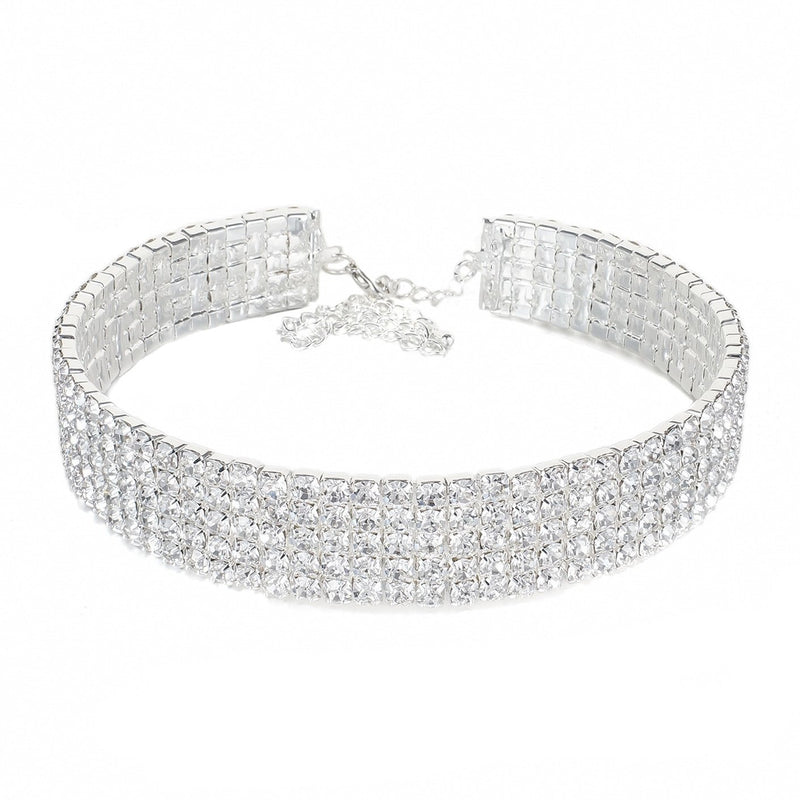 [Australia] - 5-row Five Rows Clear White Austrian Rhinestone Crystal Choker Collar Necklace Dance Party Jewelry Wedding Prom N060 Silver 