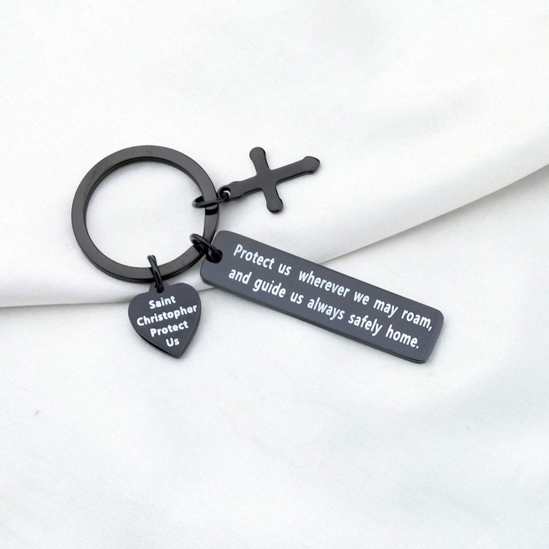 [Australia] - MYOSPARK Saint Christopher Protect Us Keychain Travel Keychain Car Protection Keyring Religious Jewelry Gift for Traveler Driver Saint Protect keychain black 
