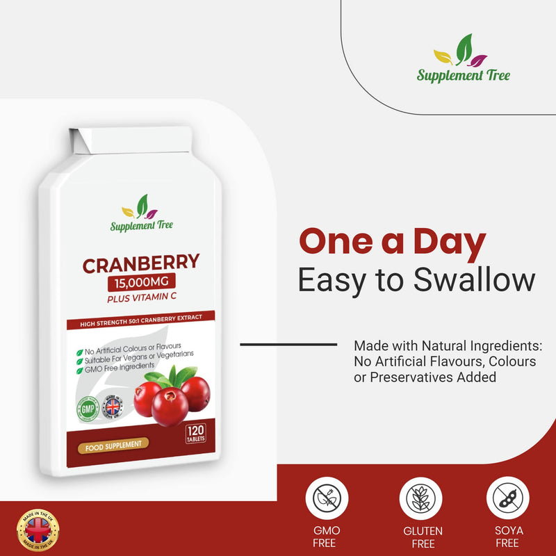 [Australia] - Triple Strength Cranberry Tablets 15,000mg | 120 Vegan Tablets with VIT C | High Strength Cranberry Extract Tablet | UTI Cystitis Support for Men & Women | Cranberry Pills Supplement | UK Manufactured 