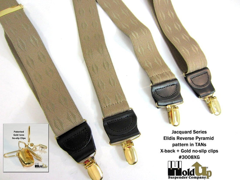 [Australia] - Holdup Brand Tan Jacquard weave Elddis diamond pattern X-back Suspenders with No-slip Gold-tone Clips. 