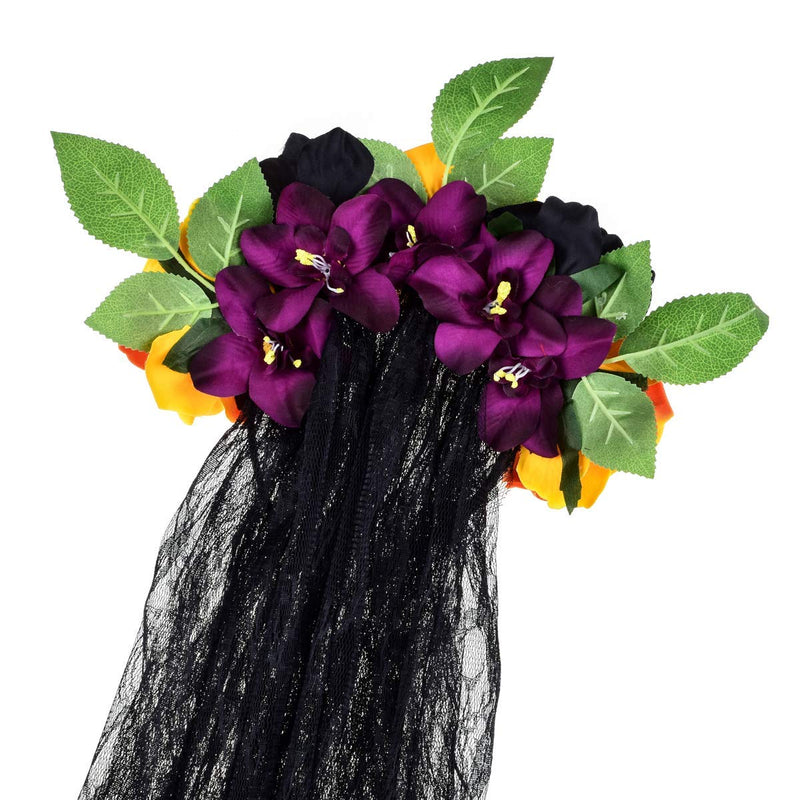 [Australia] - Day of the Dead Headpiece Rose Floral Crown Halloween Costume Mexican Headband with Veil (Green Leaf Black and Orange Rose Flower) Green Leaf Black and Orange Rose Flower 