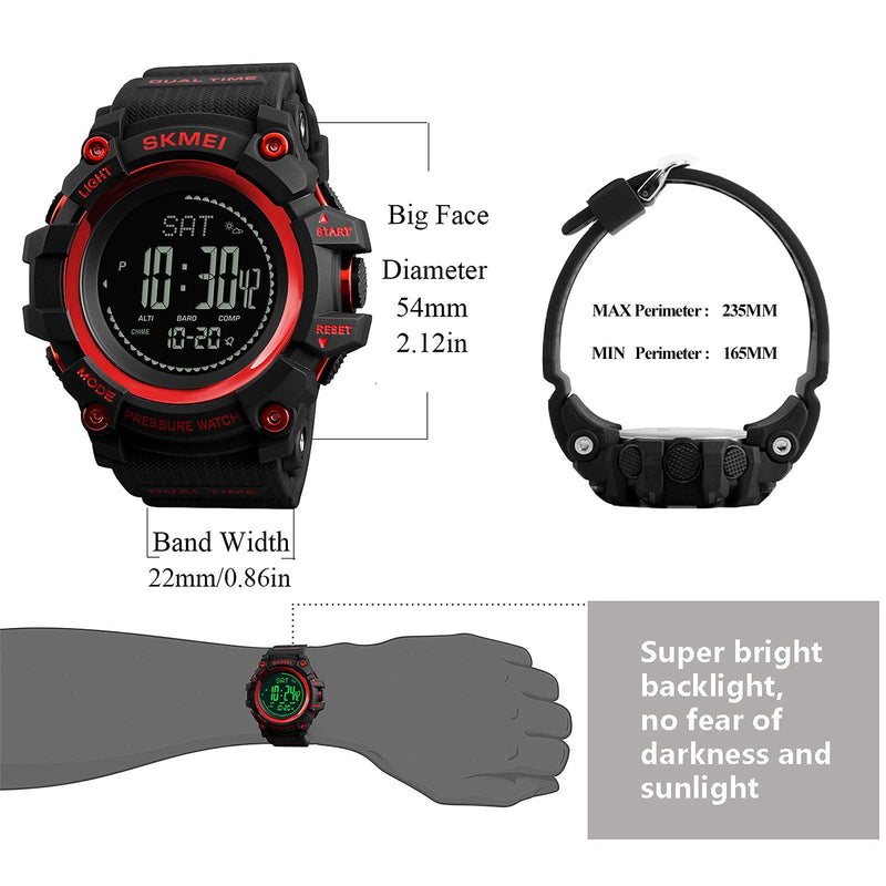 [Australia] - Military Watch with Compass Altimeter Barometer Pedometer Thermometer, Digital Sports Outdoors Waterproof Tactical Watches for Men Red 