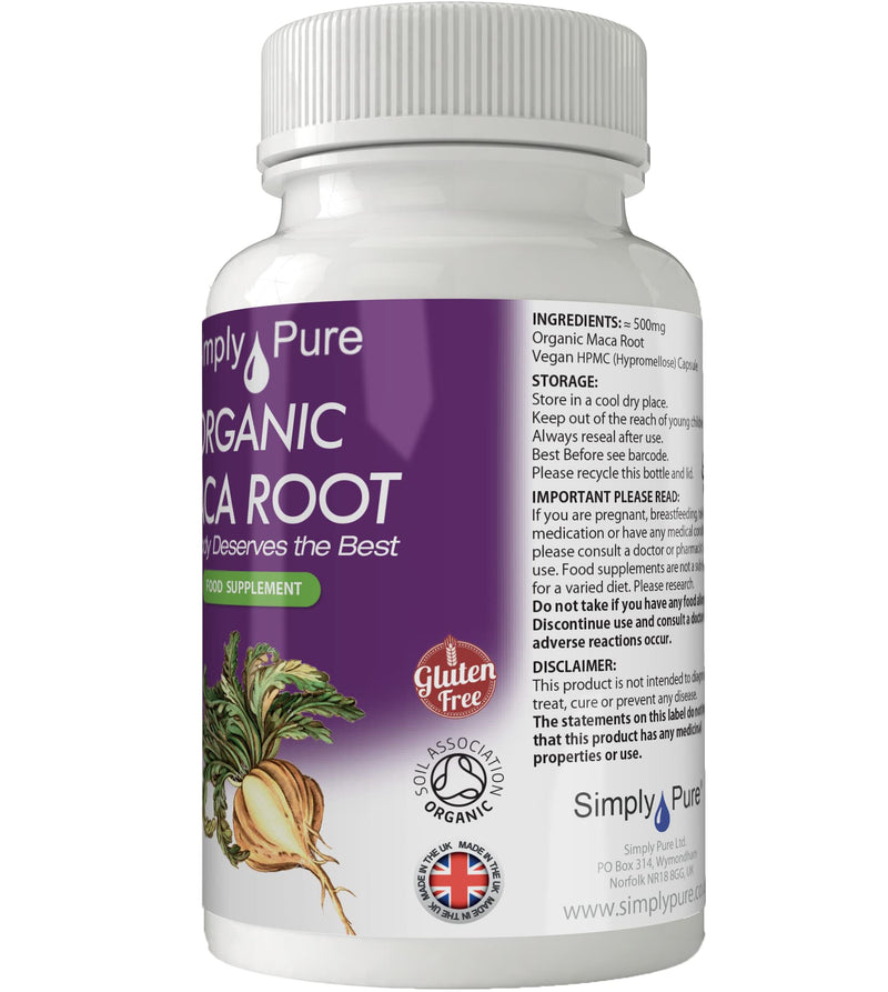 [Australia] - Simply Pure Organic Vegan Maca Root Capsules x 90, 500mg, 100% Natural Soil Association Certified, Gluten Free and GM Free 
