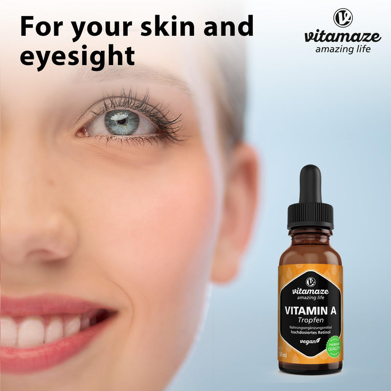 [Australia] - Vitamin A Drops 5000 IU High Strength per Daily Dose, Retinol Liquid & Vegan, 50 ml (1700 Drops), Natural Food Supplement Without Additives, High Bioavailability 