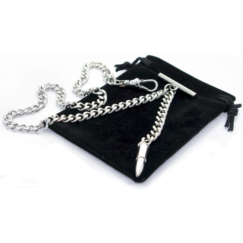 [Australia] - WATCHVSHOP Albert Chain Silver Tone Fine Polish Pocket Watch Chain Vest Chain with Bullet Design Fob on Drop T Bar Swivel Clasp AC152A 