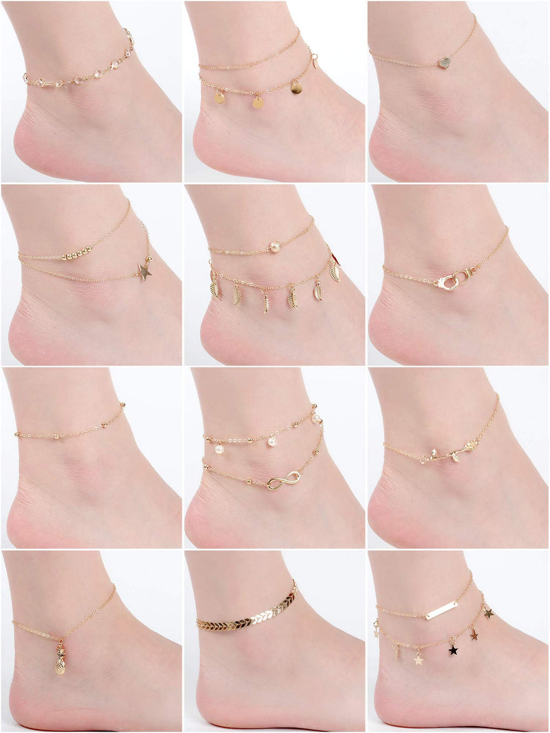 [Australia] - Hicarer 16 Pieces Boho Ankle Bracelets Beach Anklets Foot Chains Adjustable Foot Hand Jewelry for Women Girls Gold 