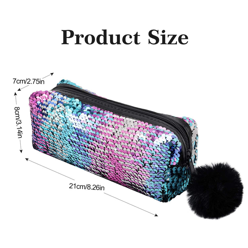 [Australia] - Glitter Cosmetic Bag Mermaid Spiral Reversible Sequins Portable Double Color Students Pencil Case for Girls Women Handbag Purse Make Up Pouch with Pompon Zip Closure(Pink Blue Mixed with Silver) 