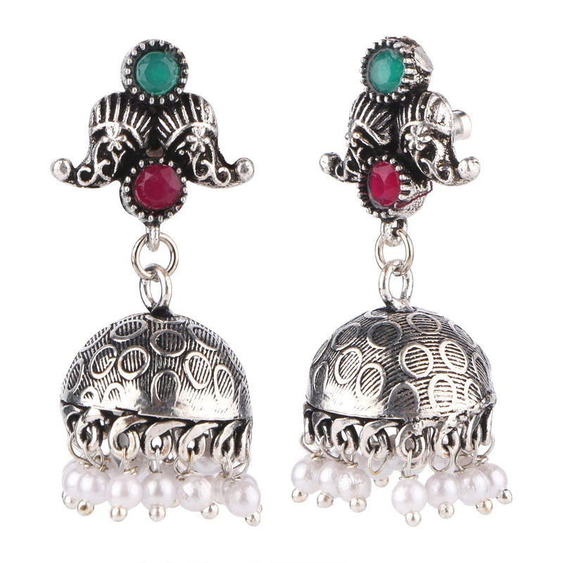 [Australia] - Efulgenz Boho Vintage Antique Ethnic Gypsy Indian Oxidized Silver Crystal Cubic Zirconia Bridal Necklace Earrings Jewelry Set Pink,Green 