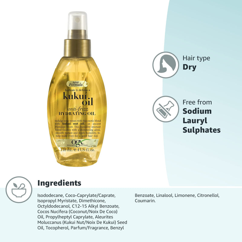 [Australia] - Ogx Kukui Oil Anti-Frizz Hydrating Hair Oil for Frizzy Hair, 118 ml Anti-Frizz Hydrating Oil 