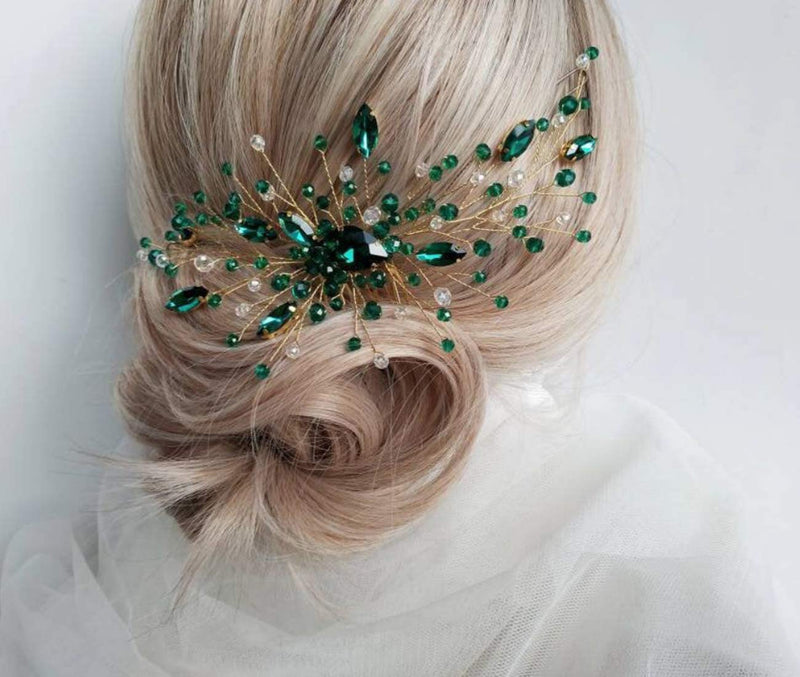 [Australia] - BERYUAN Women Gold Headpiece Teardrop Emerald Green Crystal Hair Vine Comb Wedding Hair Accessory Rhinestone Hair Piece Gift for Her Party Headress for Bride Bridesmaid Girls(Gold) 
