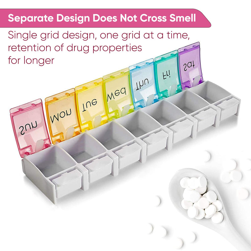 [Australia] - 7 Days Tablet Organizer Medicine Storage Box Rainbow Colour Portable Pill Container Easy to Open Dispenser Planner Push Button Compartment Medicine Dispenser 