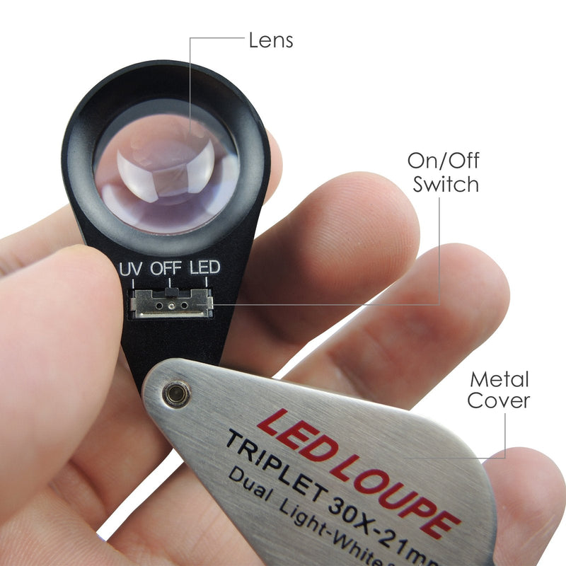 [Australia] - Gain Express 30x Jeweler Loupe 21mm Lens Diameter Magnifier with LED and UV Lightning, Round Body Magnifyng Kit 