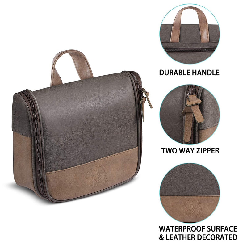 [Australia] - Hanging Toiletry Bag for Men VANCASE Vintage Leather Shaving Dopp Kit Medium Waterproof Travel Bathroom Bags Portable Shower Organizer Pattern Brown 