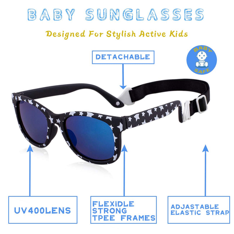 [Australia] - MAXJULI Baby Infant Sunglasses Safe, Soft, With Adjustable Strap 0-24 Months BPA Free 7002 Black Stars/Blue (Without Car Case) 