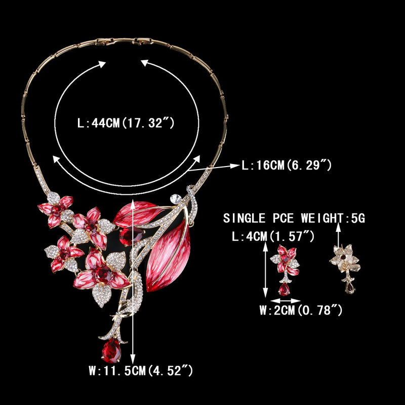 [Australia] - EVER FAITH Hibiscus Leaf Necklace Earrings Set Cubic Zirconia Crystal Gold-Tone Red 