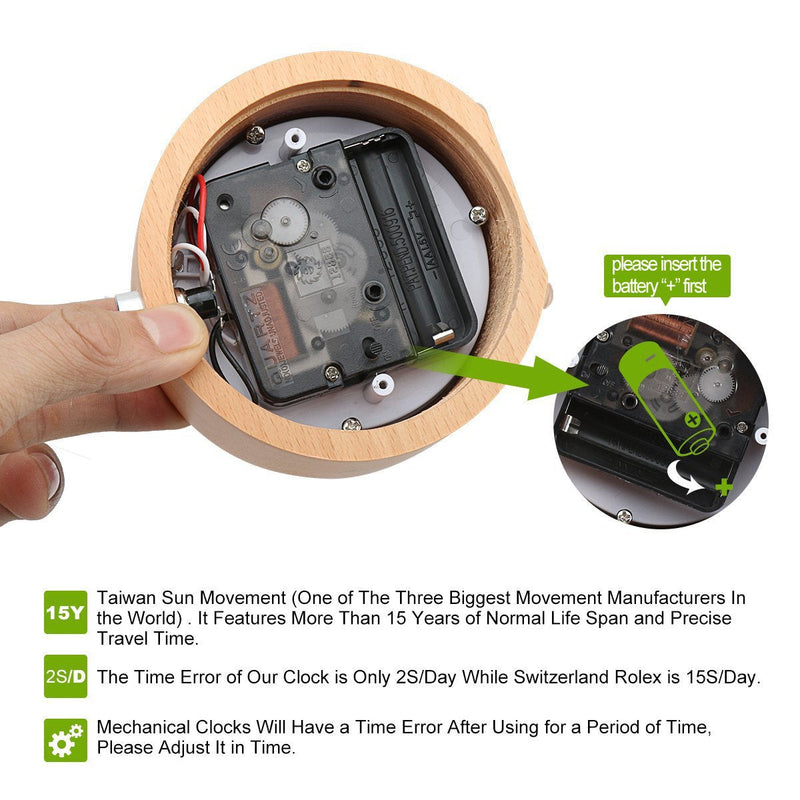 [Australia] - ECVISION Handmade Classic Small Round Silent table Snooze beech Wood Alarm Clock with nightlight Light Woodgrain 